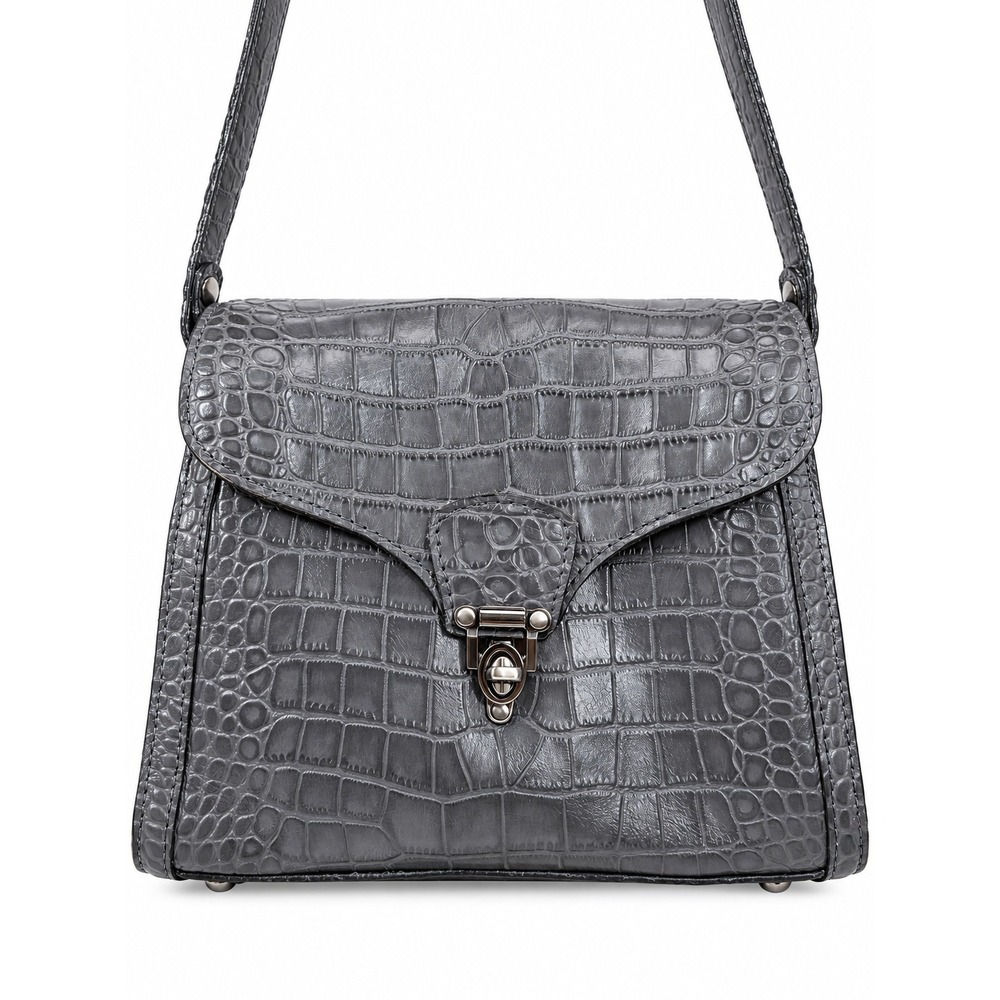 Patricia Nash Grey Croc Embossed Leather Crossbody Bag Turn Lock Flap Purse